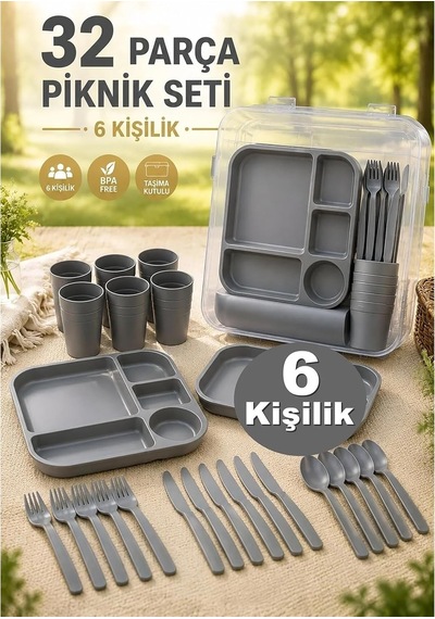 32 Parça Piknik Seti 6 Kişilik Taşıma Kabı Dahil, Gri Belirtilmemiş