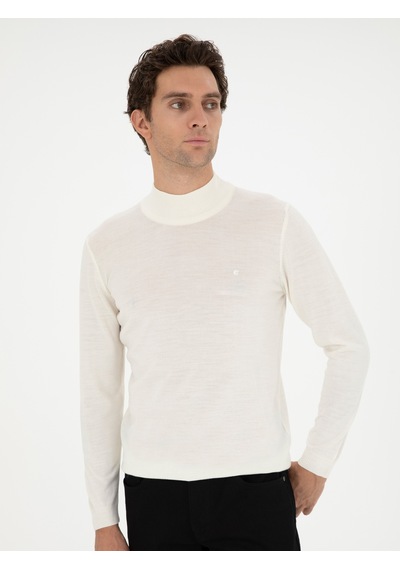 Cacharel Beyaz Slim Fit Yün Karışımlı Yarım Balıkçı Yaka Basic Triko Kazak