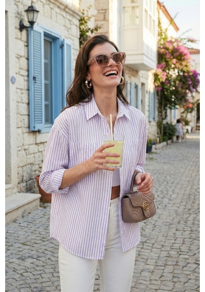 Lela Regular Fit Uzun Kollu Çizgili Bayan Gömlek 6772875 Lila
