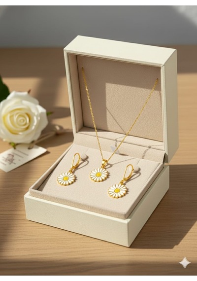 925 Ayar Papatya Silver Yılbaşı Özel Tasarım Papatya Kolye Küpe Set.rose.gold.rodaj Gümüş