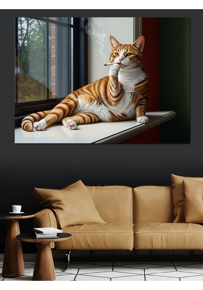 Kedi Güneşli Pencere Kenarı Dekoratif Kanvas - Mdf Ahşap Tablo