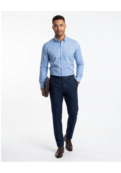 Özeniş Erkek Cepsiz Pamuklu Uzun Kollu Oxford Slim Fit Gömlek Mavi
