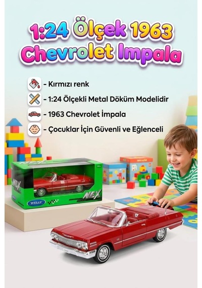 Welly 1:24 Ölçekli Lisanslı Orjinal 1963 Chevrolet Impala Kapıları Açılabilir Model Oyuncak Araba