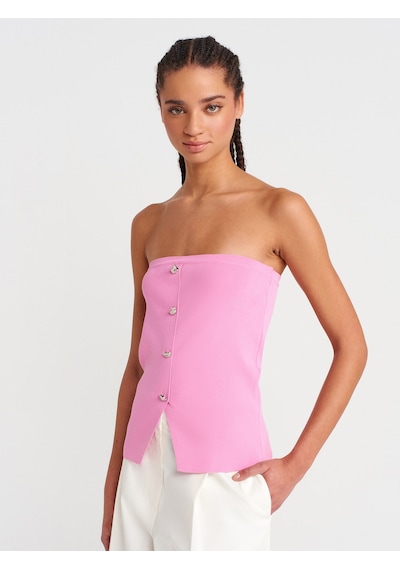 Dilvin 10739 Straplez Düğmeli Triko Top-pembe Pembe