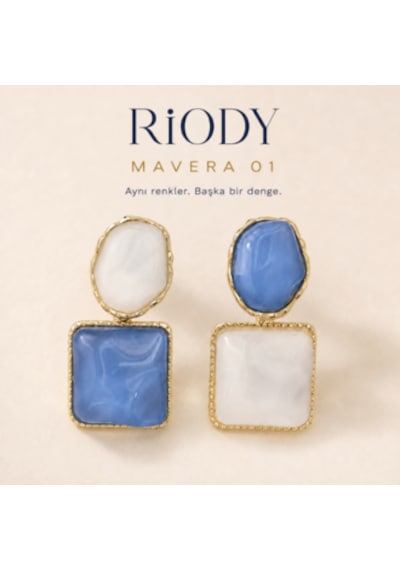Riody Mavera 01 Mavi Beyaz Doğal Taşlı Gold Kaplama Asimetrik Kadın Küpe Mavi - Beyaz
