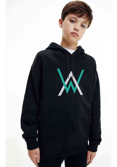 Tshirthane Walker Logo Baskılı Unisex Çocuk Kapüşonlu Siyah Sweatshirt