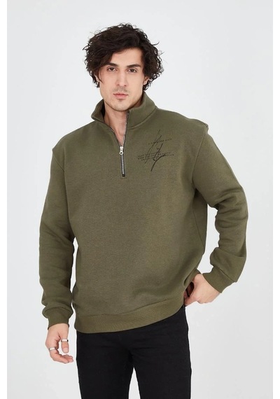 Erkek Yarım Fermuarlı Baskılı 3 İplik Pamuklu Sweatshirt - Yeşil YESIL