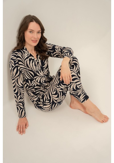 Arnetta Kadın Lacivert Çiçek Desenli Gömlek Pijama Takımı Ar3739-s-v1 Ar3739-s-v1