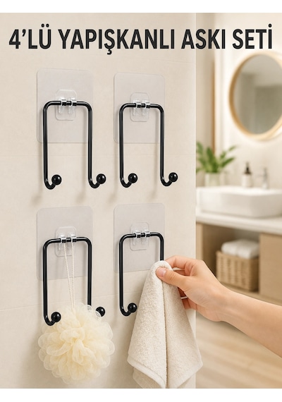 4'lü Yapışkanlı Askı Seti Mutfak Banyo Ve Ev İçin Duvar Askısı Renkli