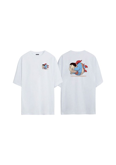 Thewert Unisex Süperman Ön Arka Baskılı Beyaz Oversize T-shirt