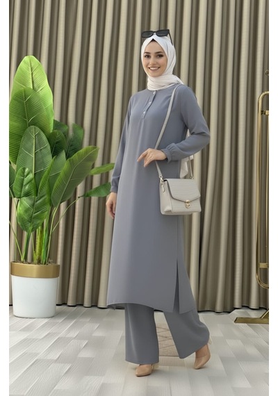 Mismoly Tesettür İkili Takım Uzun Tunik Bol Paça Pantolon 4006-gri Gri