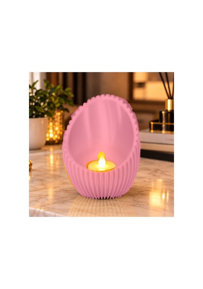 Dekoratif Oluklu Yumurta Formlu Tealight Mumluk Ve Masaüstü Düzenleyici 10x5 Cm - Pembe