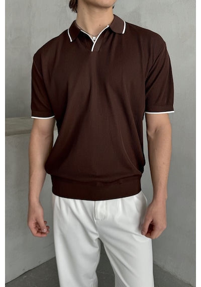 Erkek Oversize Selanik Polo Yaka Triko T-shirt Kahverengi