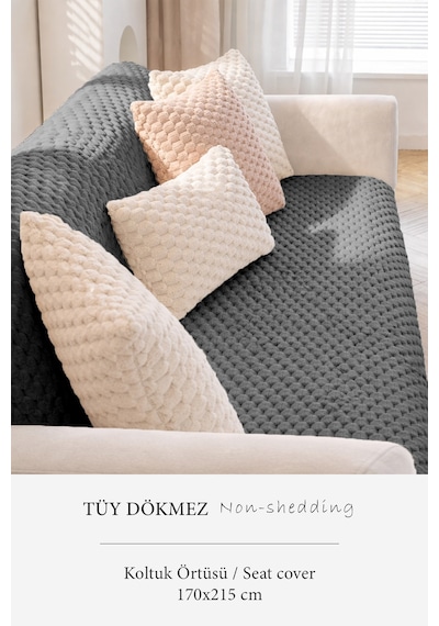 Soft Kürklü Koltuk Örtüsü 170x215 Cm Yumuşak Peluş Kaymaz Taban Kanepe Örtüsü Antrasit