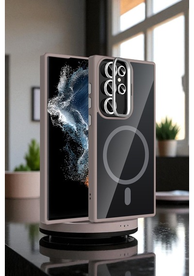 Galaxy S23 Ultra Kılıf Standlı Ve Kamera Lens li M-safe Şarj Özellikli Sararmaz Kılıf
