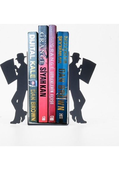 Gazete Okuma Desenli Metal Kitap Desteği - Kitap Tutucu - Ev Ve Ofis Dekoratif Aksesuar 2 Li Set