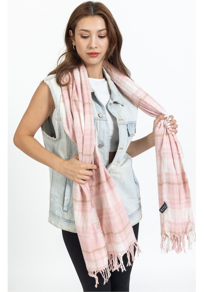 Ladycolor Ekoseli Yünlü Omuz Şalı - 70x200 Cm - Dayanıklı Akrilik Pembe
