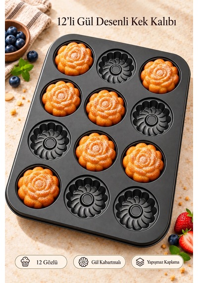 Tilbe Home 12'li Gül Kabartma Muffin Kalıbı Yapışmaz Cupcake Kek Kapsül Brownie Fırın Tepsisi Paslan Siyah