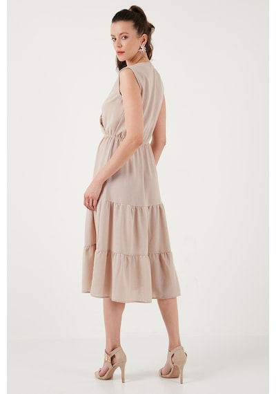 Lela Regular Fit Kruvaze Yaka Midi Bayan Elbise 6118103 Taş