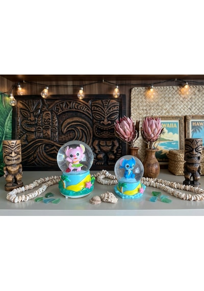 9cm-6cm Sarı Altlıklı Işıklı Mavi Renk Ve 11cm X7 Cm Pilli Pembe Işıklı Hediyelik-dekoratif 2 Li Stitch Kar Küresi 11x9