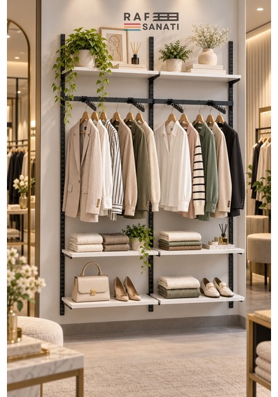 120 Cm Duvar Raf Askılık Sistemi 6 Raflı 2 Modül 200 Cm Konik Dikme Hazır Set Beyaz