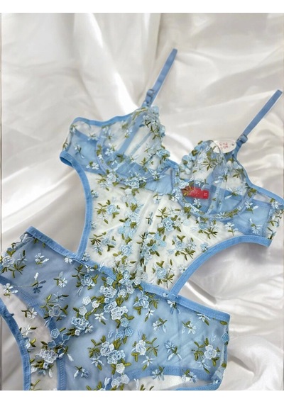 Arona Kadın Çiçek Desenli Transparan Vücuda Oturan Mavi Bodysuit - 123 Mavi
