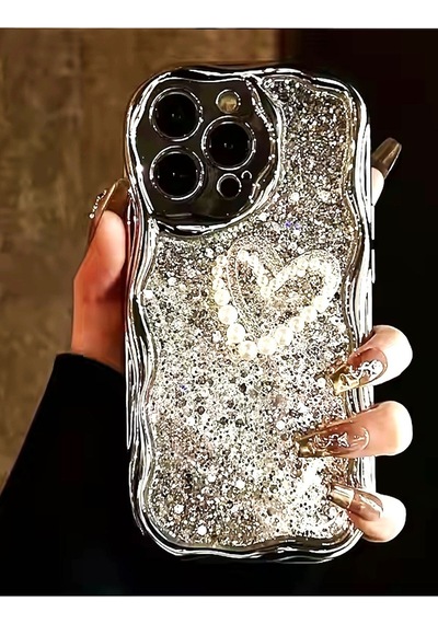 Caş Dekorasyon Gri Renk Simli Kalpli 13 Pro Max Telefon Kılıfı Gri