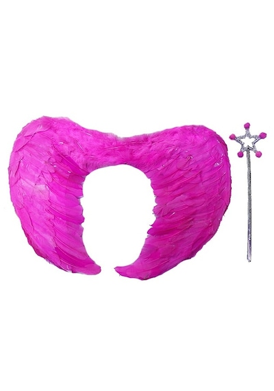 Gerçek Tüylü Katlanabilir Çocuk Pembe Melek Kanadı Ve Asa Seti 40x55 Cm 2