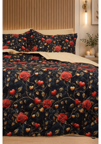 Roselia Luxe Çift Kişilik Gül Ve Kalp Desenli Premium 5d Uyku Seti Çeyiz Seti Lastikli Çarşaflı Siyah