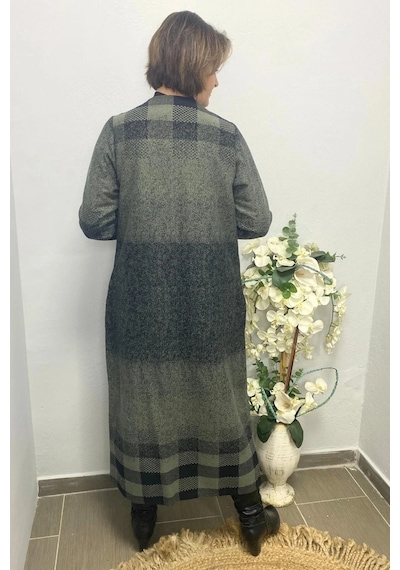 Mia Butik Büyük Beden Haki Siyah Kare Desenli Uzun Hırka Haki