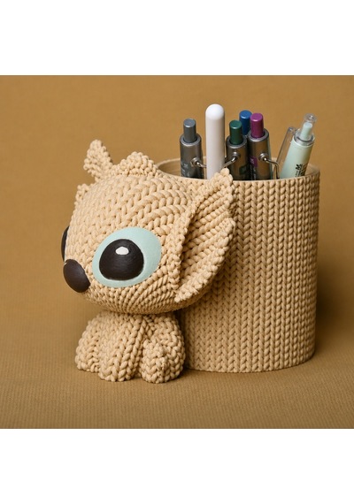 3d Baskı Knitted Kalemlik - Sevimli Karakterli Masaüstü Kalem Organizeri-bej Çok Renkli