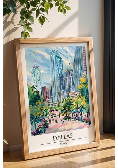 Texas Dallas Temalı Çerçeveli Tablo Travel Serisi Modern İllüstrasyon Şehir Duvar Dekoru Kayın