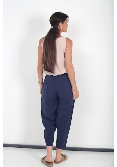 By Saygı Kadın Beli Lastikli Cepli İtalyan Cotton Lyocell Şalvar Pantolon Lacivert