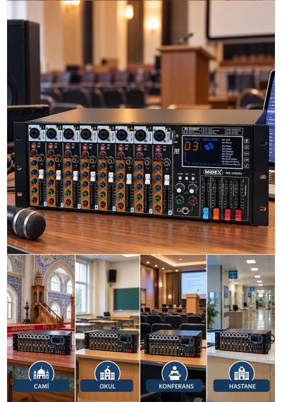 Midex Mx-2400u Rack Tipi Power Mikser 2x600w 8 Kanal Usb-bt Amfili Mixer Efektli