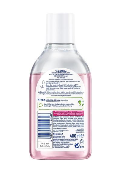 Tr Aqua Rose Gül Suyu Ve Serum İçeren Çift Fazlı Micellar Makyaj Temizleme Suyu 400ml,yüz Göz Dudak, Spf Filtrele