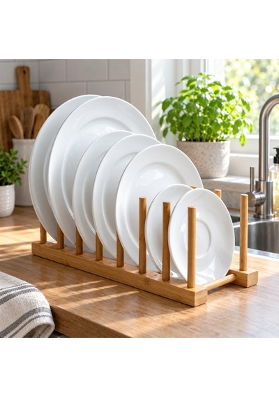Tr 6 Bölmeli Bambu Tabaklık, 30 X 12 Cm Tezgâh Üstü Ve Dolap İçi Tabak Düzenleyici, Kesme Tahtası, Servis Taba Genel