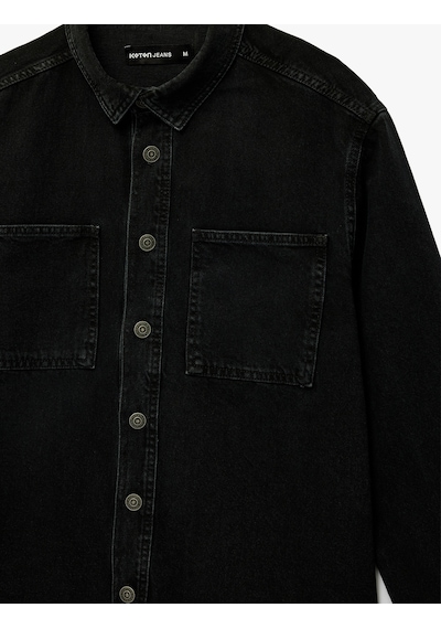 Koton Uzun Kollu Cepli Düğmeli Gömlek Yaka Oversize Jean Gömlek Ceket Siyah 6sam50069nd