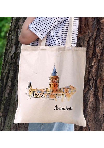 Bk Gift İstanbul Tasarımlı Kanvas Bez Çanta, Baskılı Omuz Çantası, Alışveriş Çantası, Plaj Çantası, Arkadaşa Hediye-4 Sarı