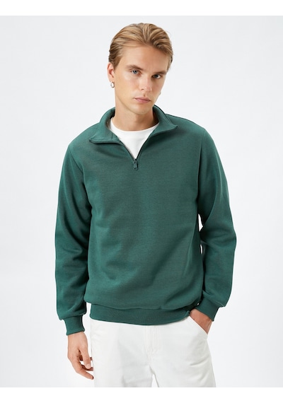 Koton Yarım Fermuarlı Sweatshirt Dik Yaka Uzun Kollu Şardonlu Haki 4wam70024mk Haki