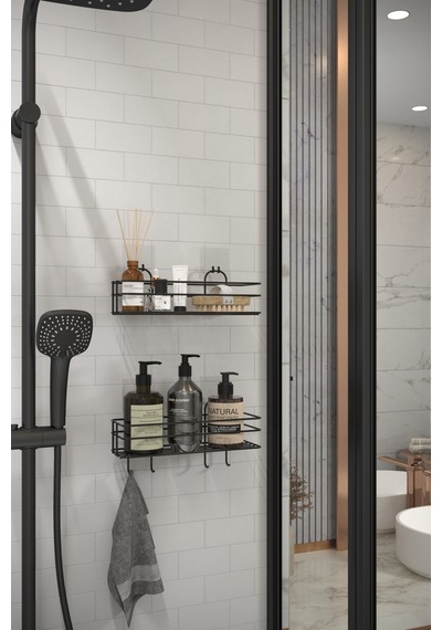 2li Set Siyah Şampuanlık Banyo Düzenleyici Yapışkanlı 4 Askılı Duş Rafı Organizer Siyah