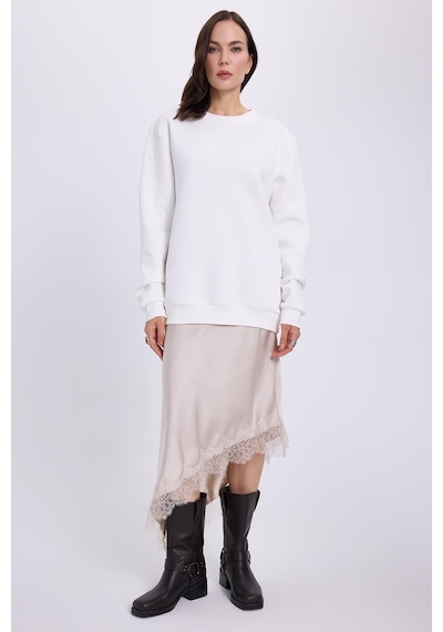 Tudors Kadın Oversize Geniş Kesim Pamuklu 3 İplik İçi Polarlı Basic Beyaz Bisiklet Yaka Sweatshirt-41553 Beyaz