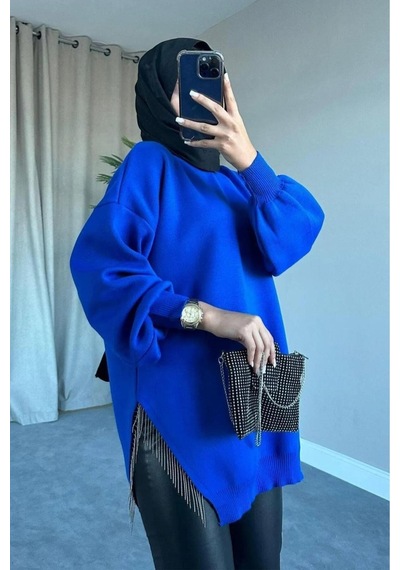 De Pose Yarı Zincirli Triko Kazak Saks Mavi