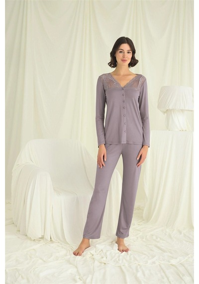 Aria's Closet Arias Closet Yakası Kolu Ve Omzu Dantelli Boydan Düğmeli Pijama Takımı Gri