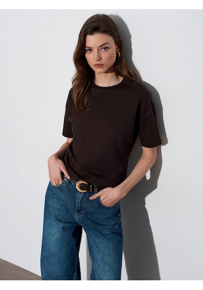 3683 Kadın Basic T-Shirt-Koyu Kahve - 528427730