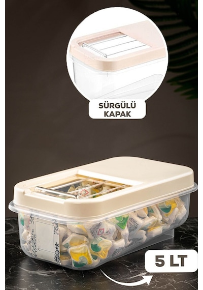 Saklama Kabı 7.5 Litre Kaydırak Kapaklı Krem Erzak Kabı Bakliyat Saklama Kabı Krem