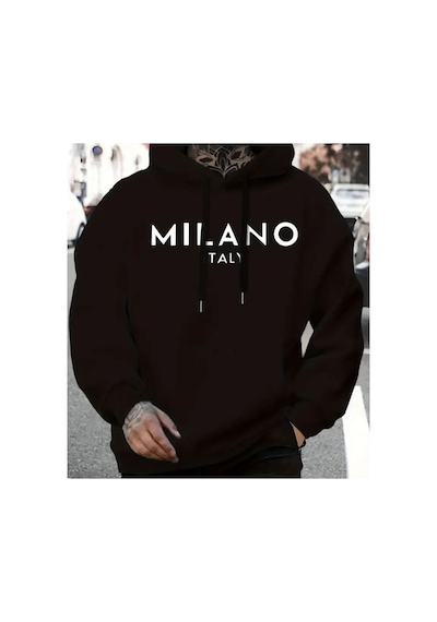 Herkesemoda Milano Yazı Detaylı İçi Polarlı Kapüşonlu Sweatshirt Siyah