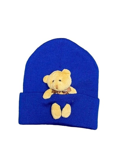 Emybox Peluş Ayıcıklı Penye Renkli Unisex Bere Mavi
