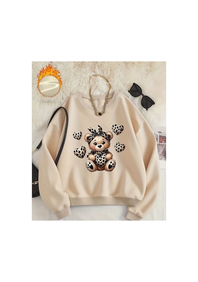 Herkesemoda Sevimli Ayıcık Baskı Detaylı Bisiklet Yaka Sweatshirt Bej