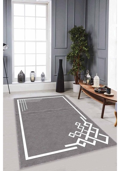 Gri Çerçeveli Kaymaz Tabanlı Makinede Yıkanabilir Halı Ar535n11