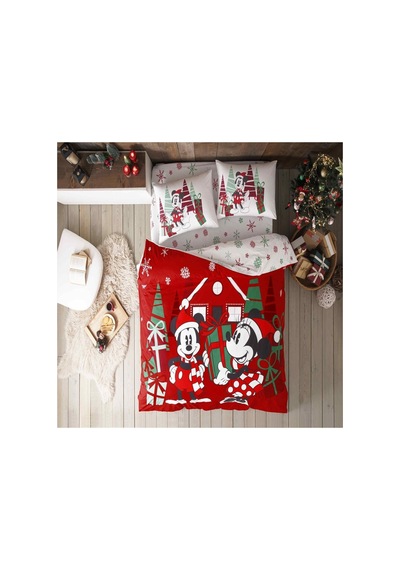 Disney Minnie&mickey Christmas Pamuk Çift Kişilik Nevresim Takımı Kırmızı